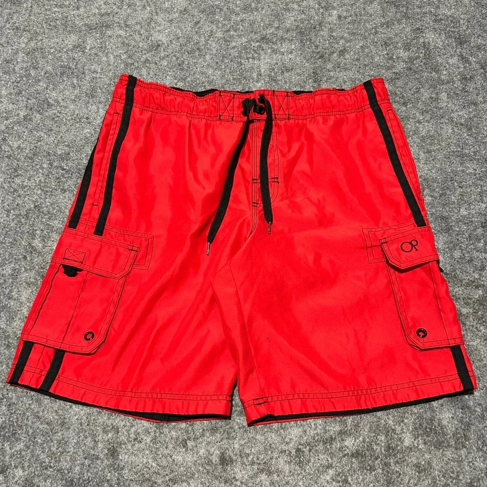 Ocean Pacific Red Cargo Board Shorts Y2K Skater Baggy Swim Trunks Mens Size M‎
